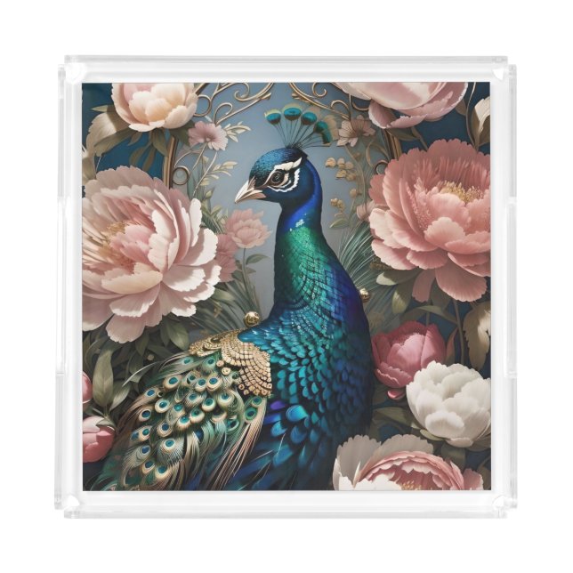 Elegant Peacock Pink Peonies  Acrylic Tray (Front)