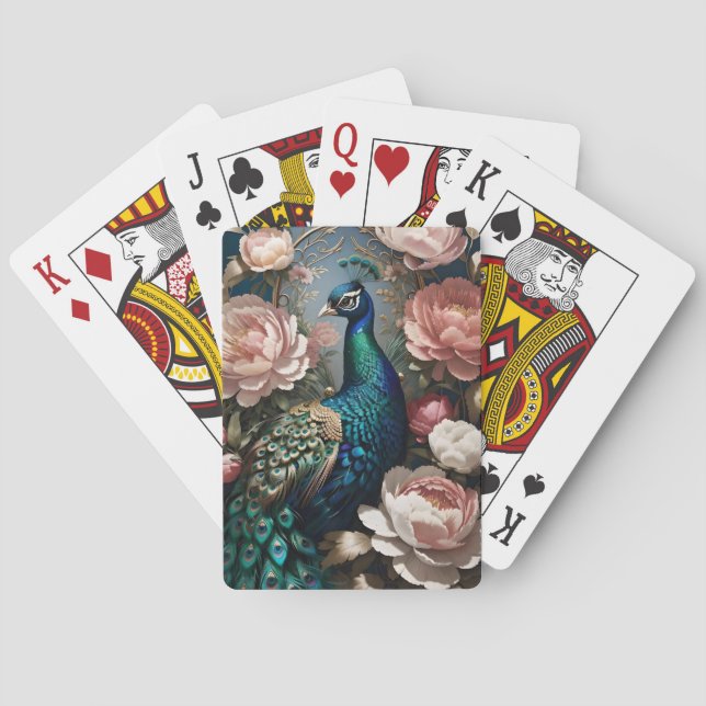 Elegant Peacock Pink Peonies  Poker Cards (Back)