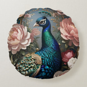 Elegant Peacock Pink Peonies Round Pillow