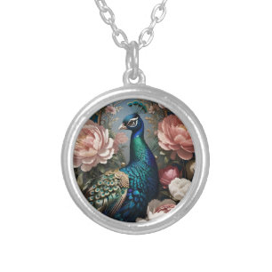 Elegant Peacock Pink Peonies Silver Plated Necklace