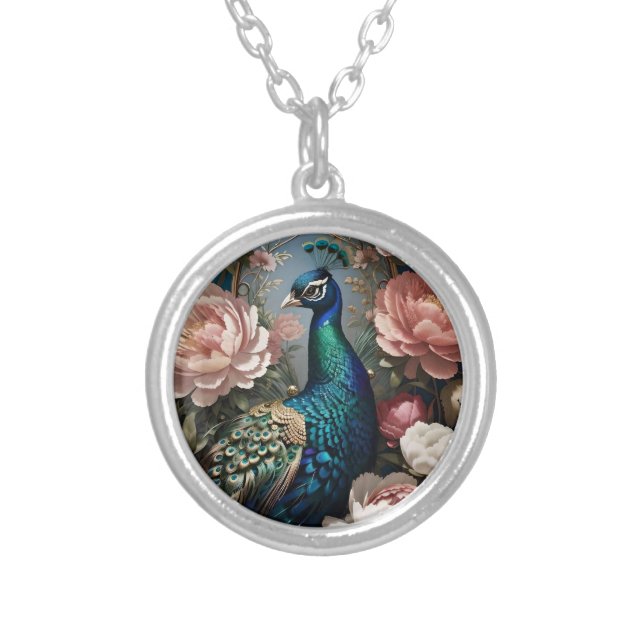 Elegant Peacock Pink Peonies  Silver Plated Necklace (Front)
