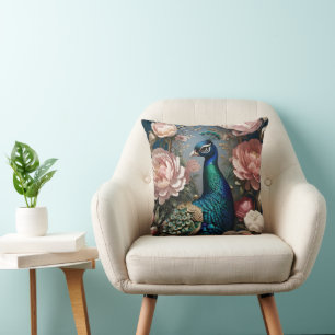 Elegant Peacock Pink Peonies Throw Pillow