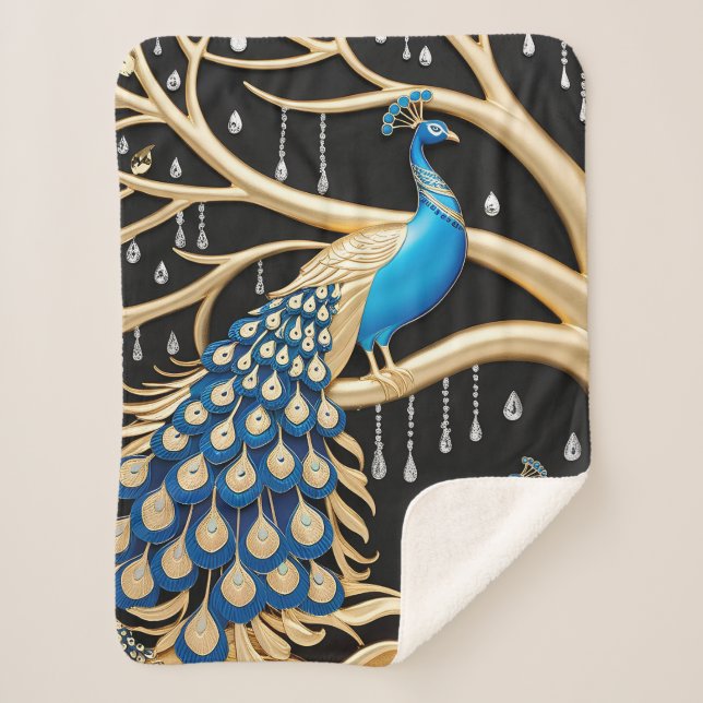 Elegant Peacock Sherpa Blanket with Gold and Blue  (Front)