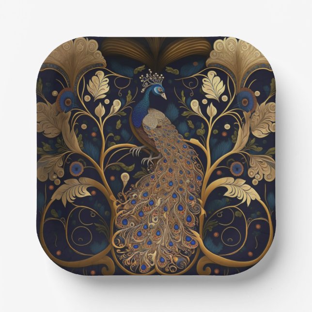 Elegant Peacock Square Paper Party Plates (Front)