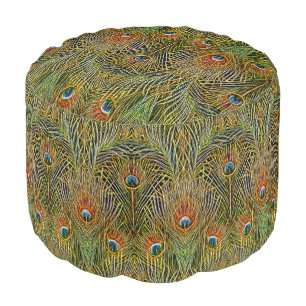 Elegant Peacock Stylish Gold Feathers Pattern Pouf