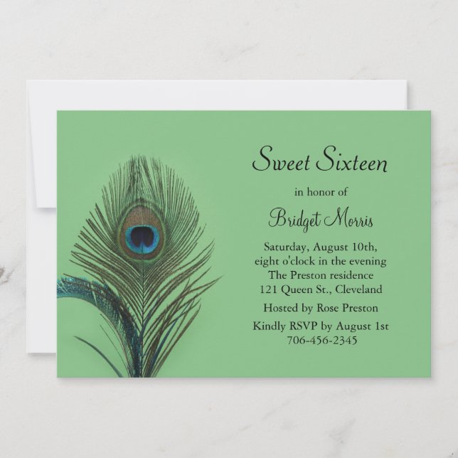 Elegant Peacock Sweet Sixteen Invitation green (Front)