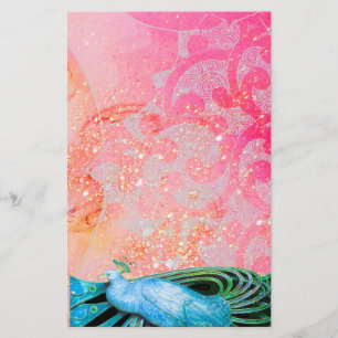 ELEGANT PEACOCK , TEAL BLUE SPARKLING PINK FUCHSIA STATIONERY
