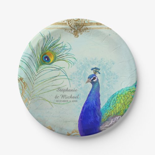 Elegant Peacock w Feather Vintage Wedding Paper Plates
