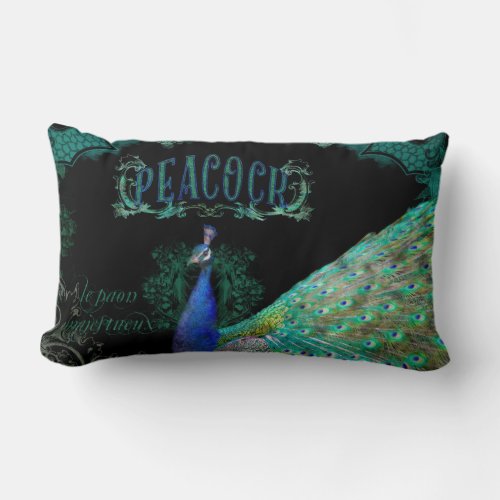 Elegant Peacock w Vintage Scrolls Black Sparkle Lumbar Pillow