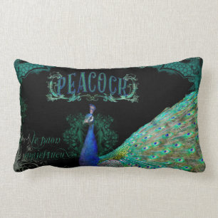 Elegant Peacock w Vintage Scrolls Black Sparkle Lumbar Pillow