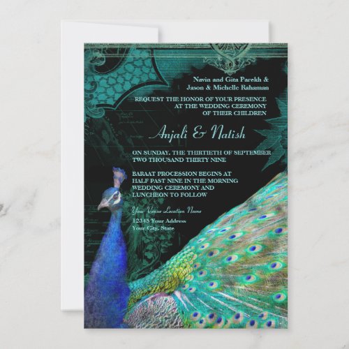 Elegant Peacock w Vintage Scrolls Indian Wedding Invitation