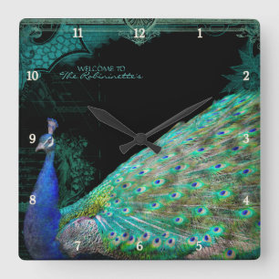 Elegant Peacock w Vintage Scrolls Personalized Square Wall Clock