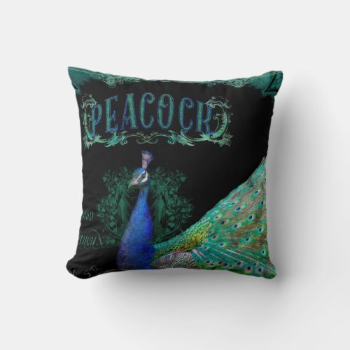 Elegant Peacock w Vintage Scrolls Personalized Throw Pillow