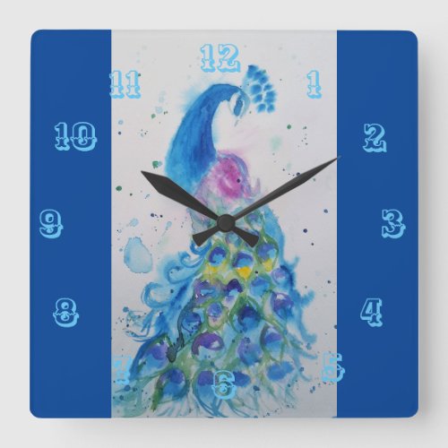 Elegant Peacock Watercolor Bird Birds Navy Blue Square Wall Clock