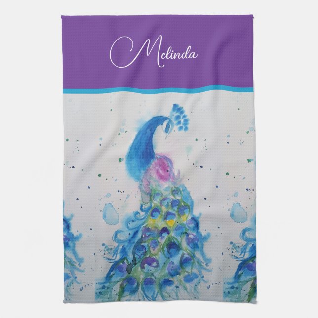 Elegant Peacock Watercolor Blue Painting Kitchen Towel (Vertical)