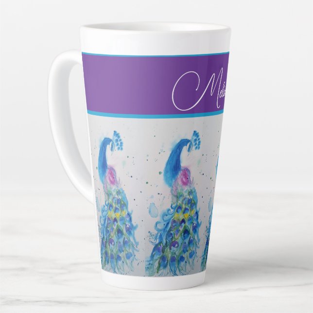 Elegant Peacock Watercolor Blue Painting Womans Latte Mug (Left Angle)