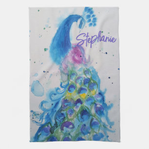 Elegant Peacock Watercolor Womens Pastel Colors Kitchen Towel