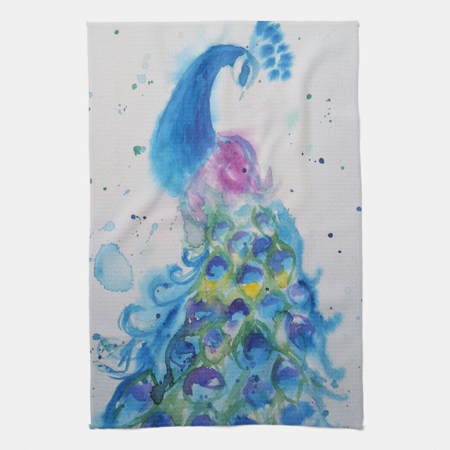 Elegant Peacock Watercolor Womens Pastel Colors Kitchen Towel (Vertical)