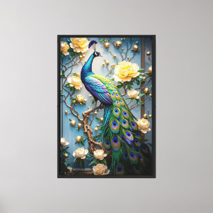 Elegant Peacock & White Flowers Canvas Wall Art