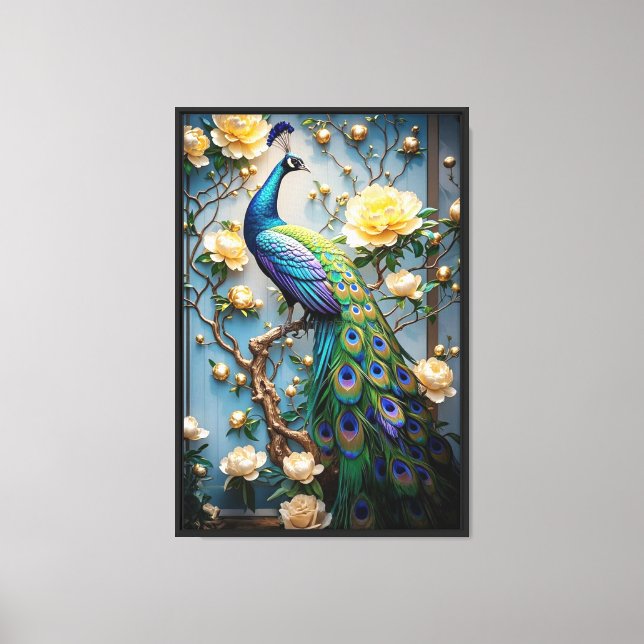 Elegant Peacock & White Flowers Canvas Wall Art (Front)