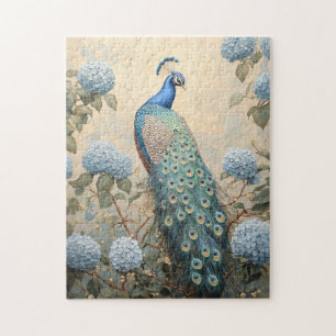 Elegant Peacock with Blue Hydrangeas Oil Painting Jigsaw Puzzle