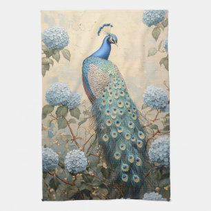 Elegant Peacock with Blue Hydrangeas Oil Painting Kitchen Towel