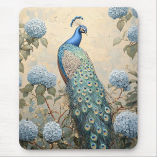 Elegant Peacock with Blue Hydrangeas Oil Painting Mouse Pad