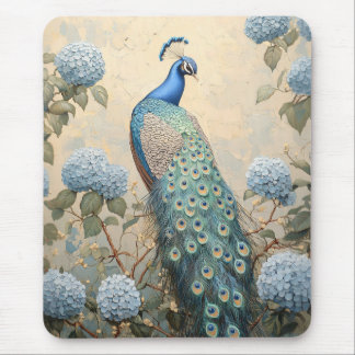 Elegant Peacock with Blue Hydrangeas Oil Painting Mouse Pad