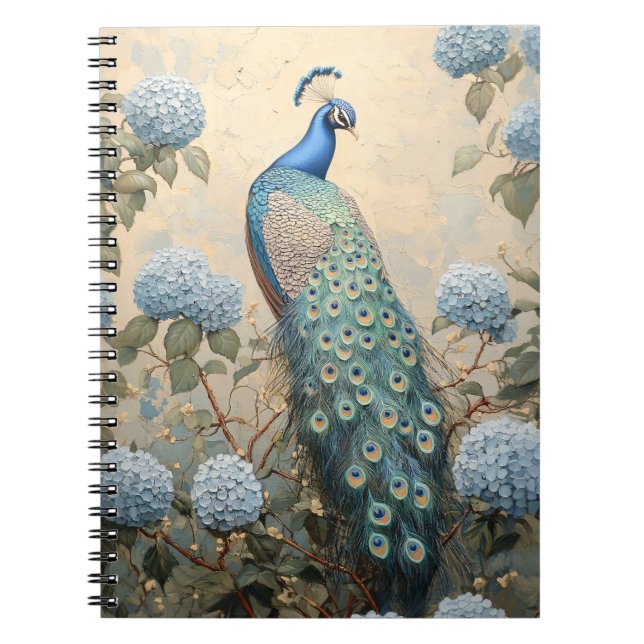 Elegant Peacock with Blue Hydrangeas Oil Painting Notebook (Front)