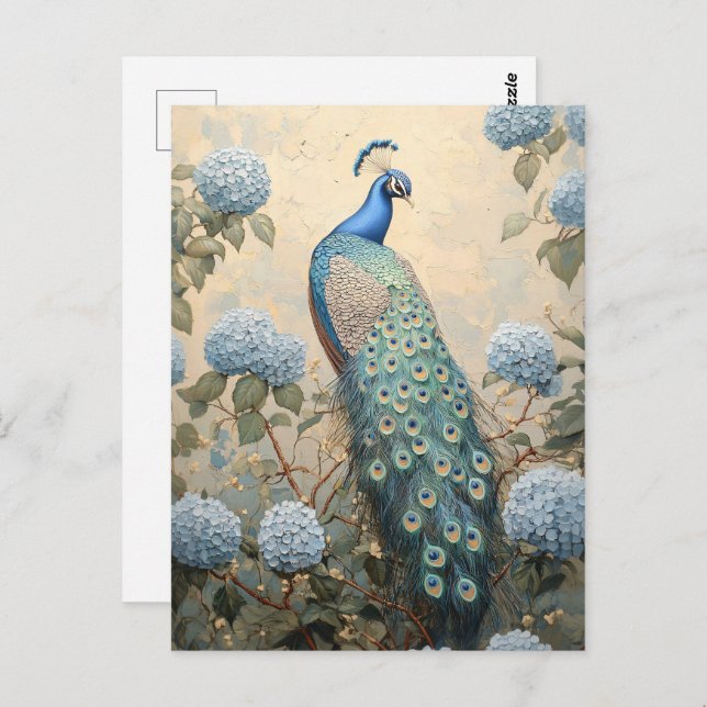 Elegant Peacock with Blue Hydrangeas Oil Painting Postcard (Front/Back)