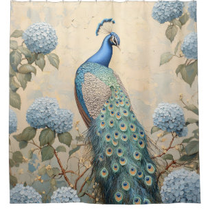 Elegant Peacock with Blue Hydrangeas Oil Painting Shower Curtain