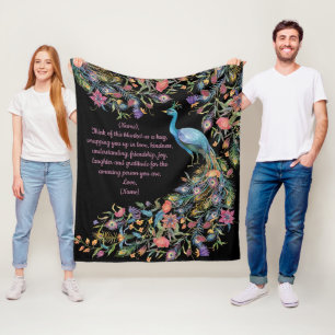 Elegant Peacock with Flowers as Tail and Message  Fleece Blanket