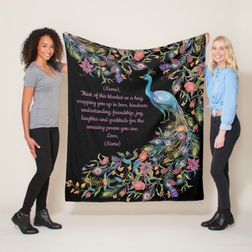 Elegant Peacock with Flowers as Tail and Message  Fleece Blanket