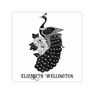 Elegant Peacock with Flowers Name Self-inking Stamp
