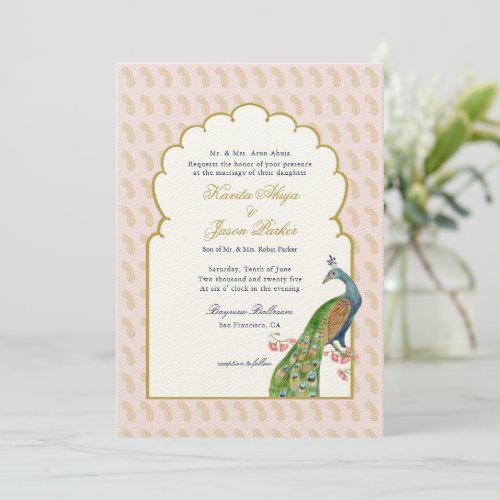 Elegant PeacockPink  Gold  Indian wedding  Invitation