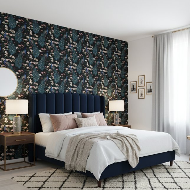 Elegant Peacocks and Magnolia Flowers Almost Black Wallpaper (Contemporary Floral Peacock Pattern Wallpaper in Almost Black. Teal Peacock Birds & Magnolia Flowers)