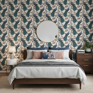 Elegant Peacocks and Magnolia Flowers Ivory Wallpaper