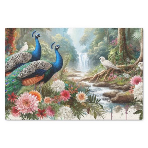 Elegant Peacocks in Forest with Flowers  Tissue Paper