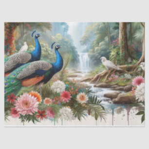 Elegant Peacocks in Forest with Flowers Tissue Paper