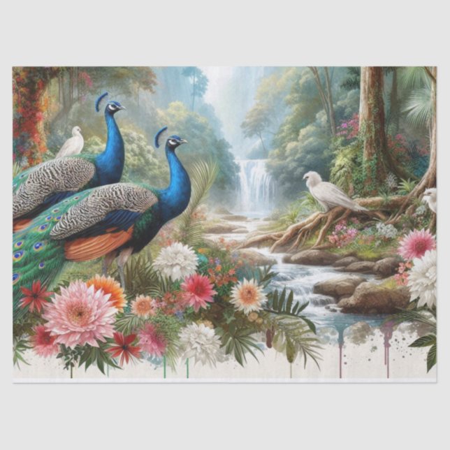 Elegant Peacocks in Forest with Flowers  Tissue Paper (Front)