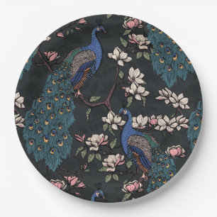 Elegant Peacocks & Magnolia Flowers Black Paper Plates