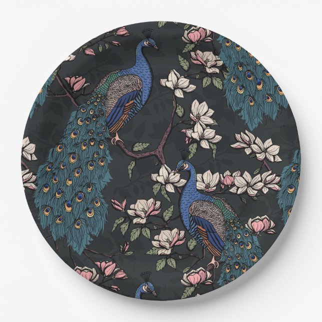 Elegant Peacocks & Magnolia Flowers Black Paper Plates (Front)