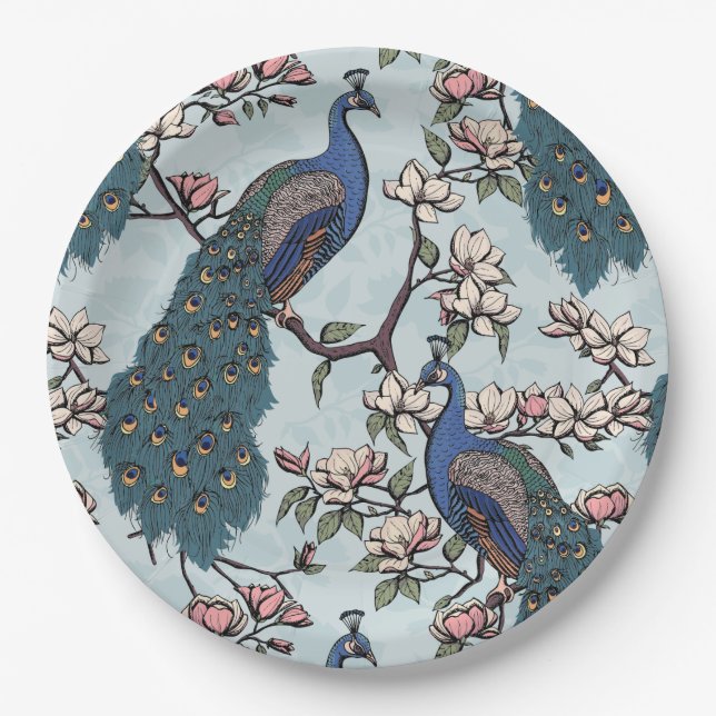 Elegant Peacocks & Magnolia Flowers Blue Paper Plates (Front)