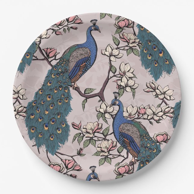 Elegant Peacocks & Magnolia Flowers Blush Pink Paper Plates (Front)