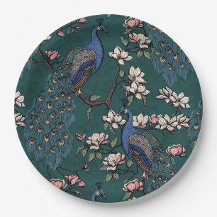 Elegant Peacocks & Magnolia Flowers Green Paper Plates