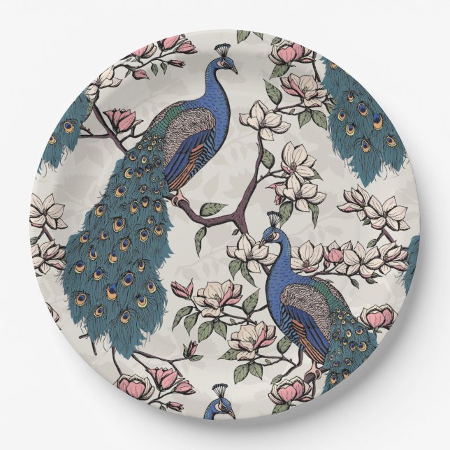 Elegant Peacocks & Magnolia Flowers Ivory Paper Plates (Front)