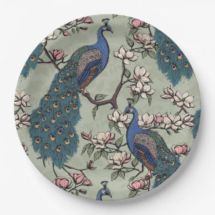 Elegant Peacocks & Magnolia Flowers Sage Green Paper Plates