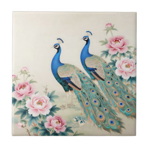 Elegant Peacocks Pink Peonies Asian  Ceramic Tile