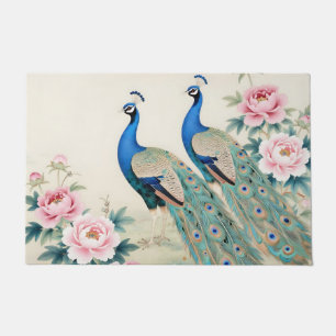 Elegant Peacocks Pink Peonies Asian Doormat