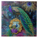 Elegant Peacocks w Feathers Gold Glitter Vintage Ceramic Tile<br><div class="desc">Reverse direction to use for backsplash etc. "Elegant Peacocks w Feathers Gold Glitter Vintage ceramic tile." These tiles are vibrant and beautiful! Elegant antique damask pattern in peacock colors with a pair of vintage peacocks, a gold ornate frame in glitter and glittery feathers for an Art Nouveau elegance. Graphically designed...</div>